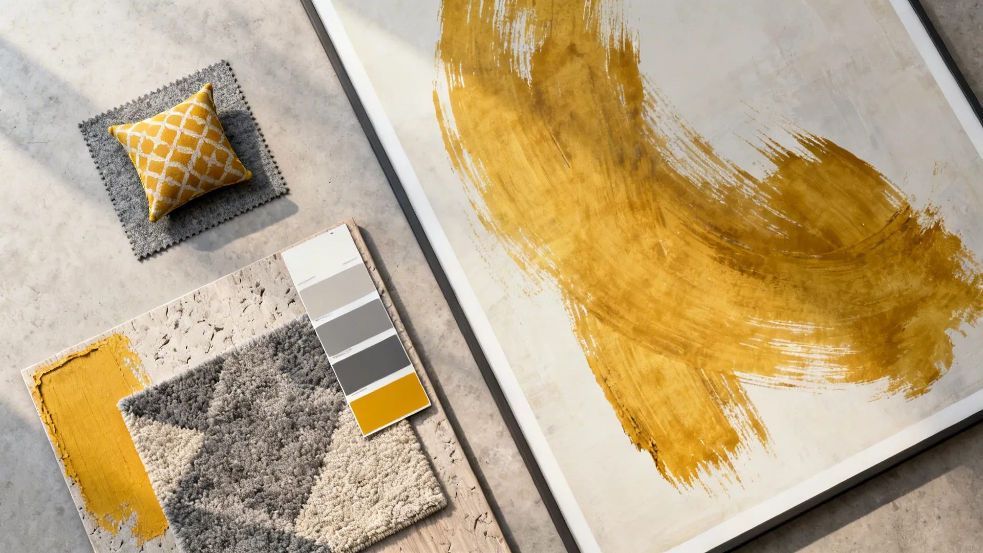 Interior design mood board with yellow painting fabric samples color palette and small patterned cushion