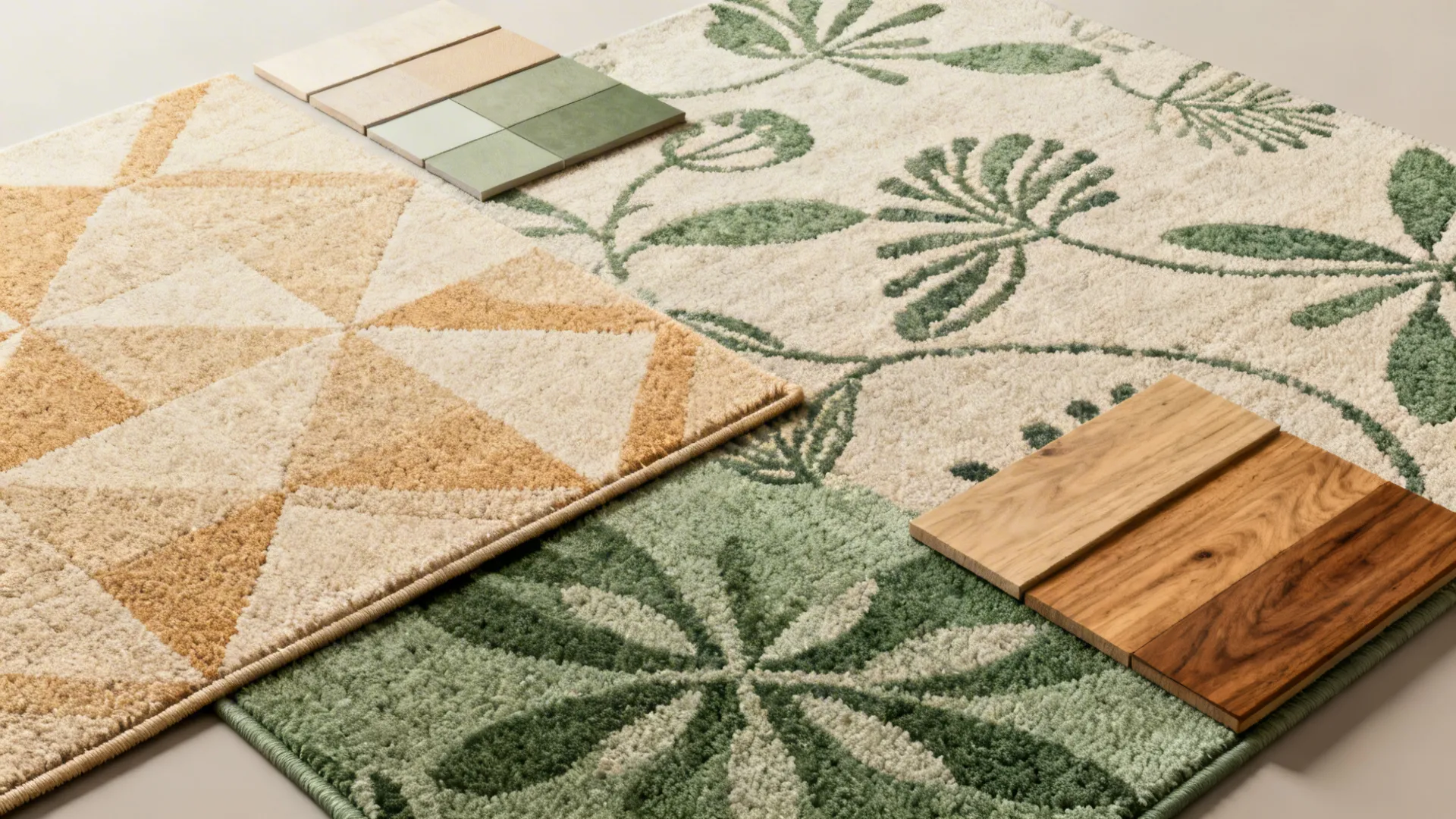 Flatlay of medium-scale rug pattern samples and color swatches for small living room palettes.