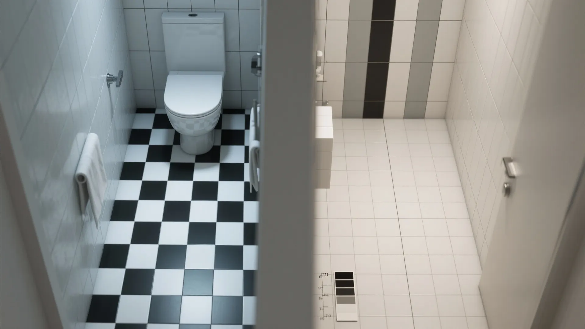 Interior design drawing showing bathroom layout with white toilet checkered floor and plain white tiles