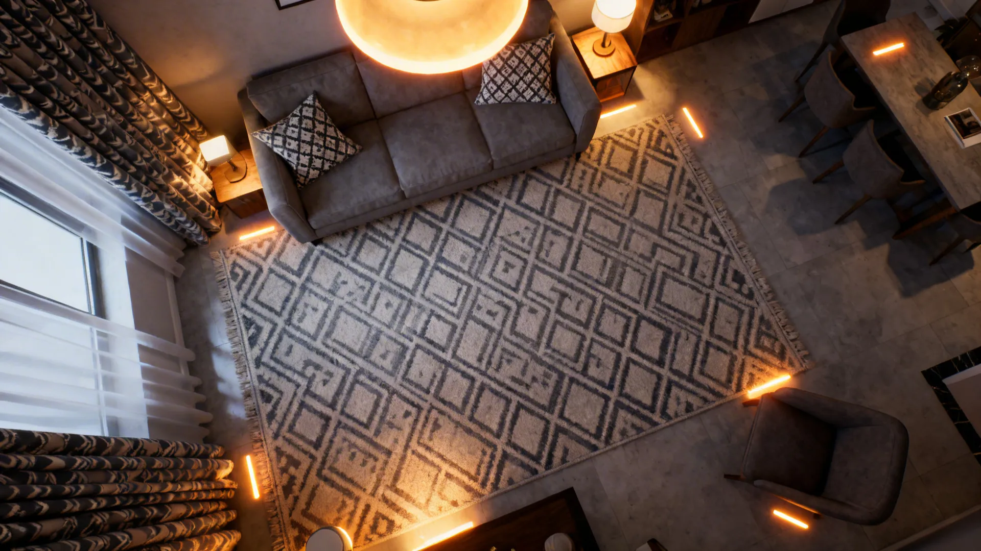 Top-down view illustrating rug, pillow and curtain pattern scale with layered lighting zones.