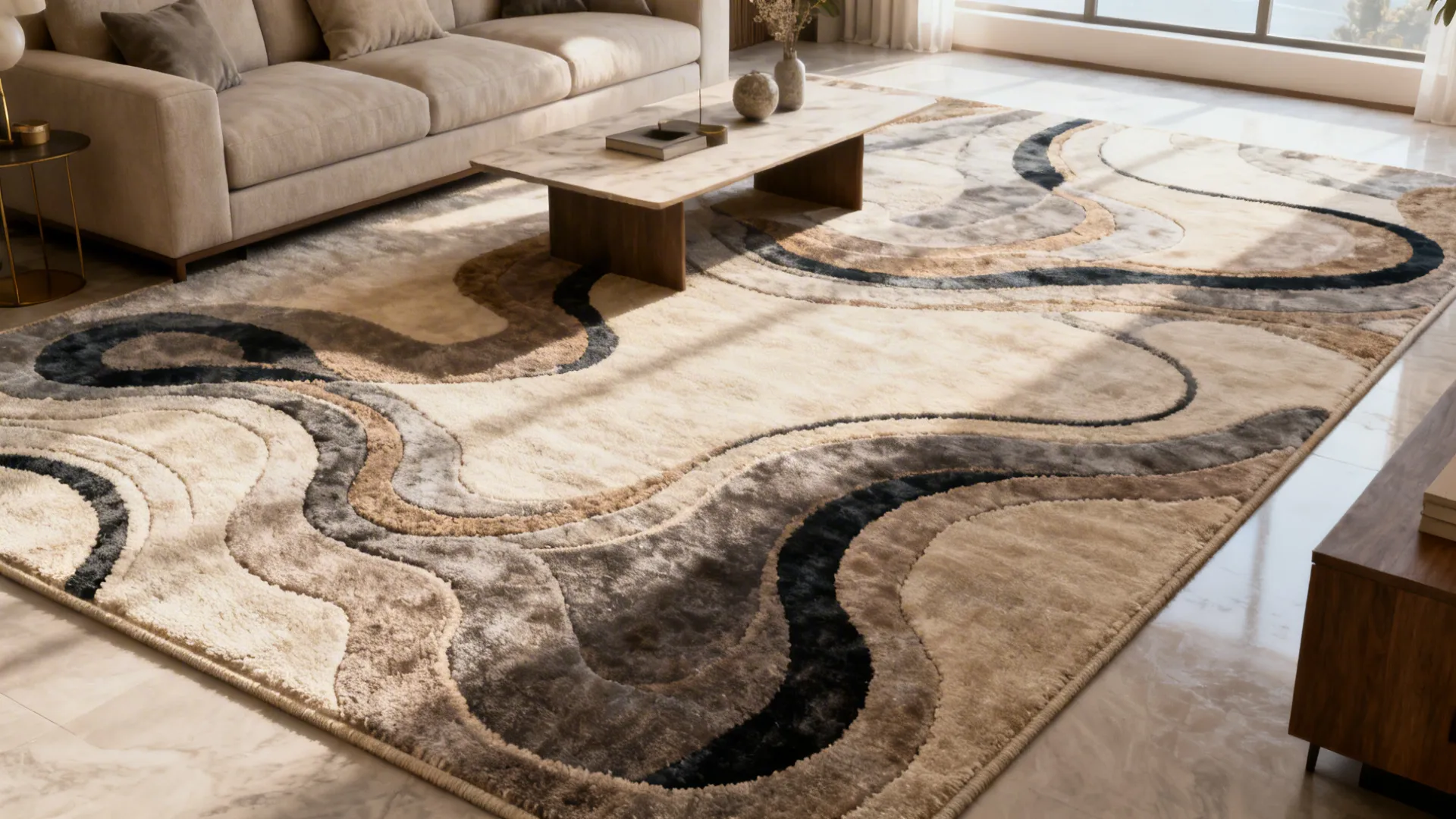Patterned rug with wavy brown and black lines placed under marble coffee table in room