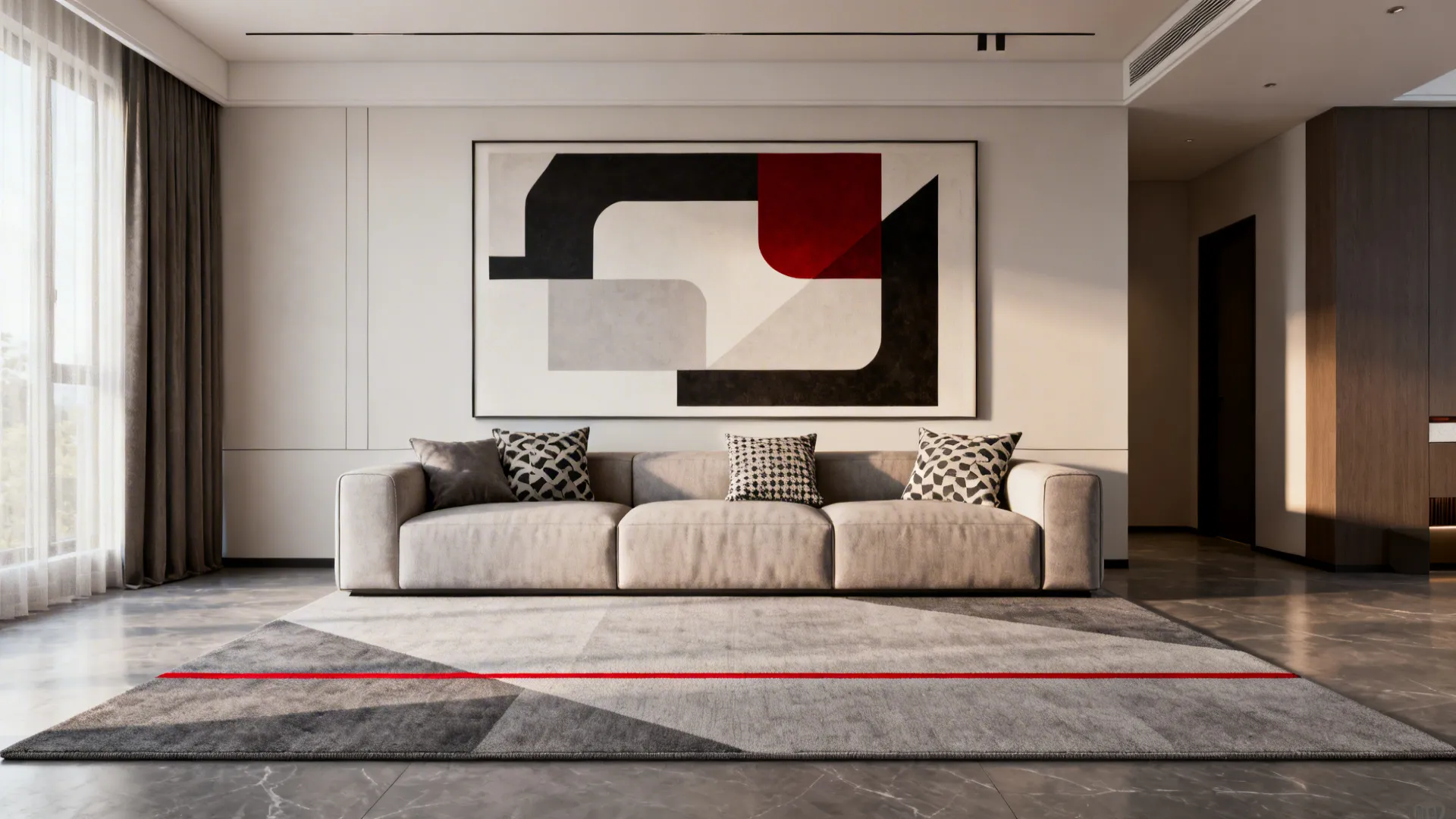 Modern living room with gray sofa large wall art and geometric rug with red line