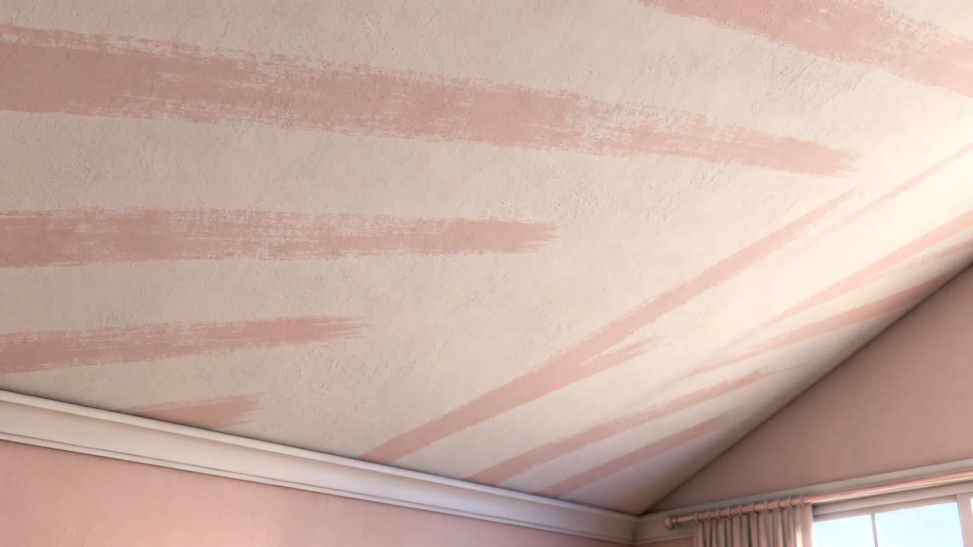 Slanted ceiling painted with subtle diagonal stencil stripes adding playful character