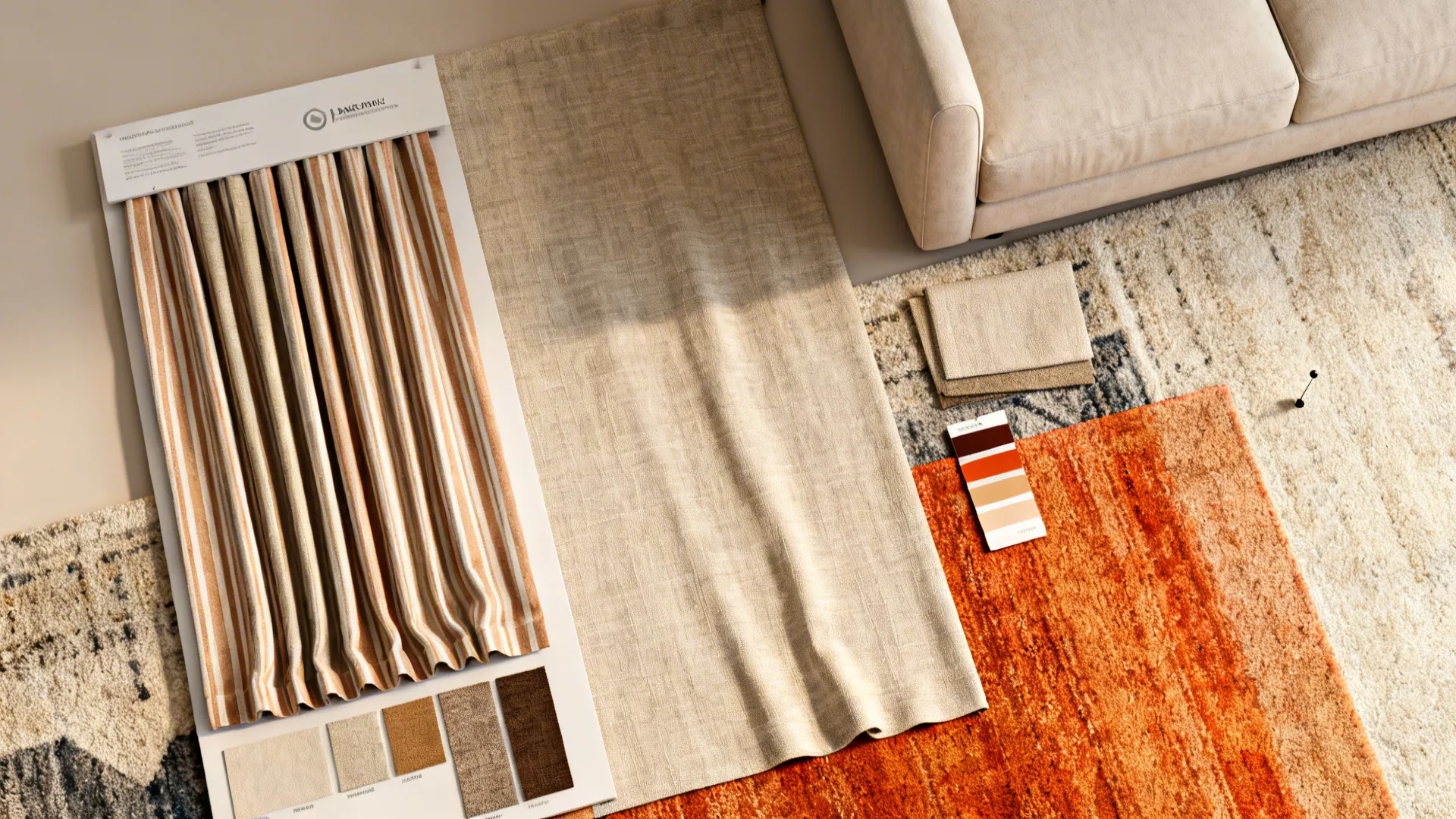 Interior design mood board with fabric samples color palette orange rug beige sofa and textured materials