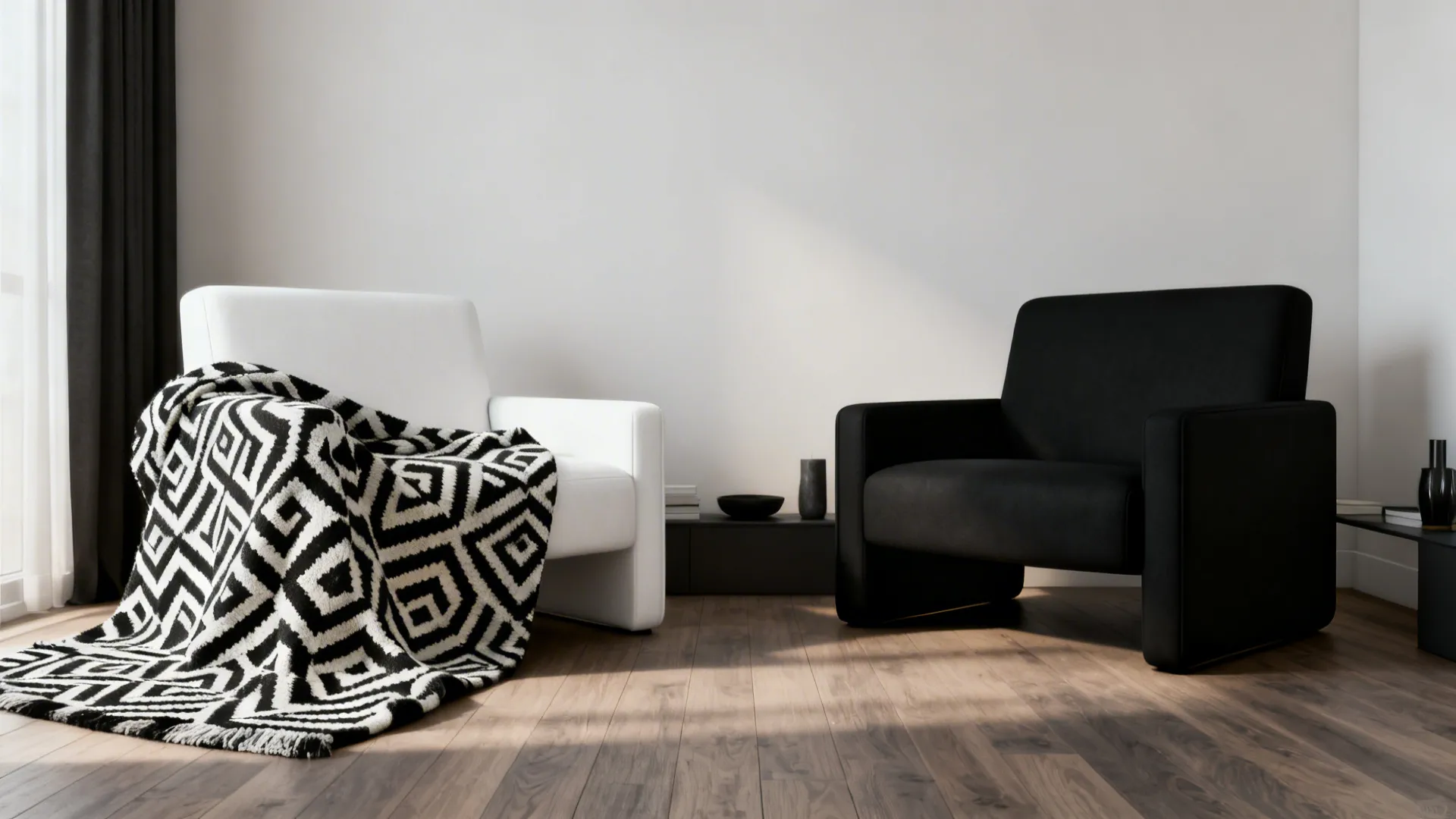 Small living room with a single black-and-white geometric throw on a white chair, balanced by a solid black chair.