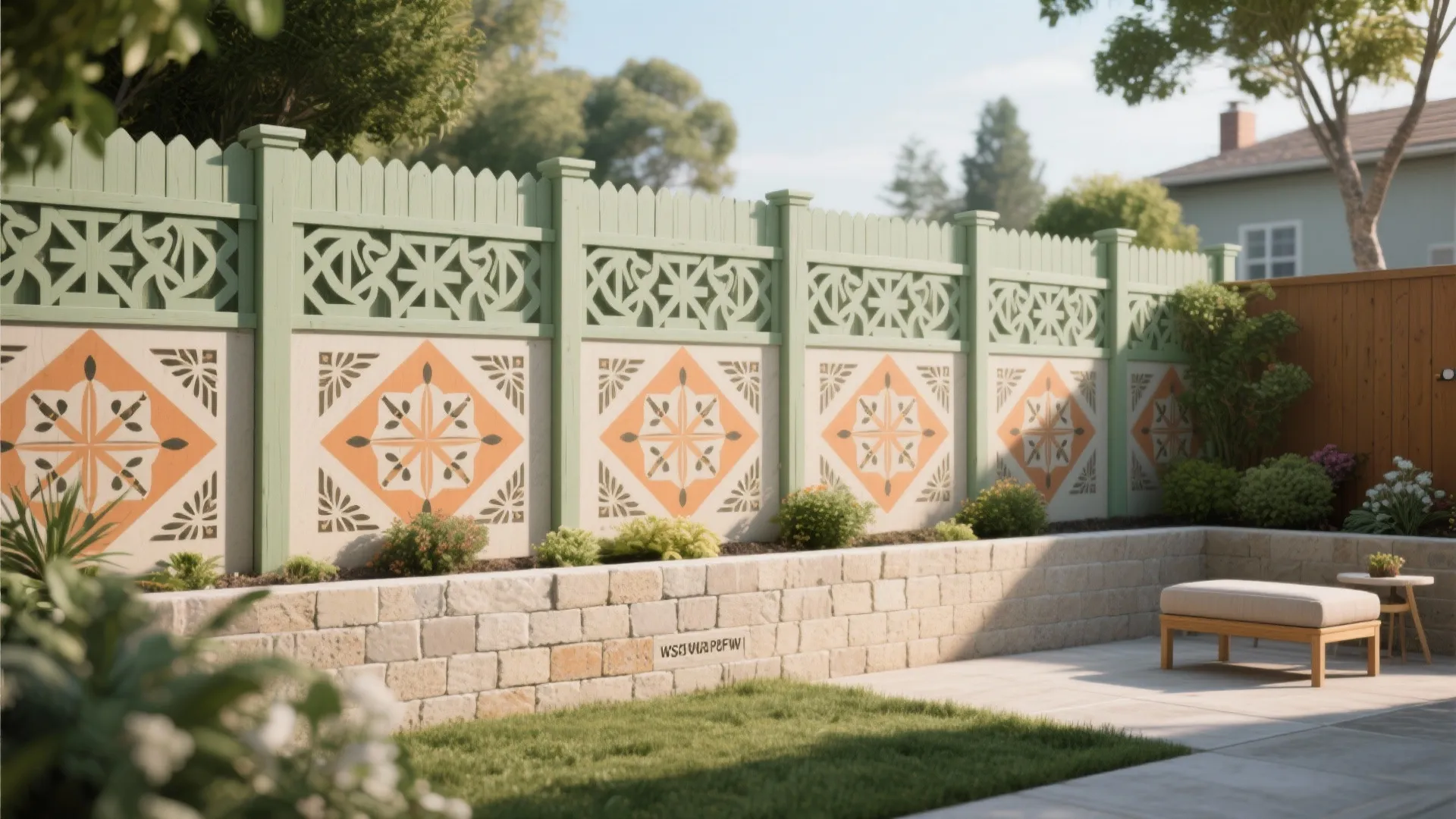 Garden fence with green decorative panels and orange patterns above a stone wall and grass