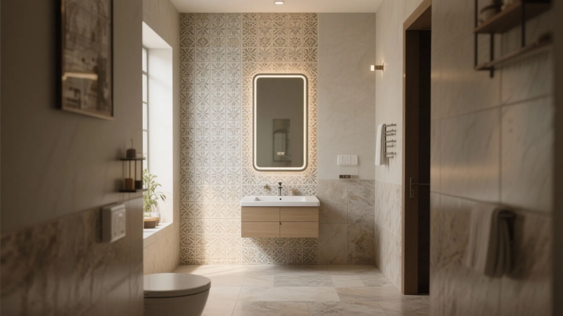 Bright bathroom with patterned wall tiles lighted mirror floating wooden cabinet and stone floor tiles