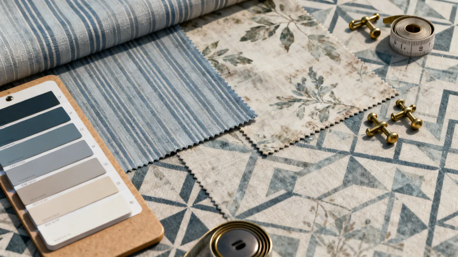 Flatlay of blue-grey patterned fabric swatches with brass hardware samples and color chips.