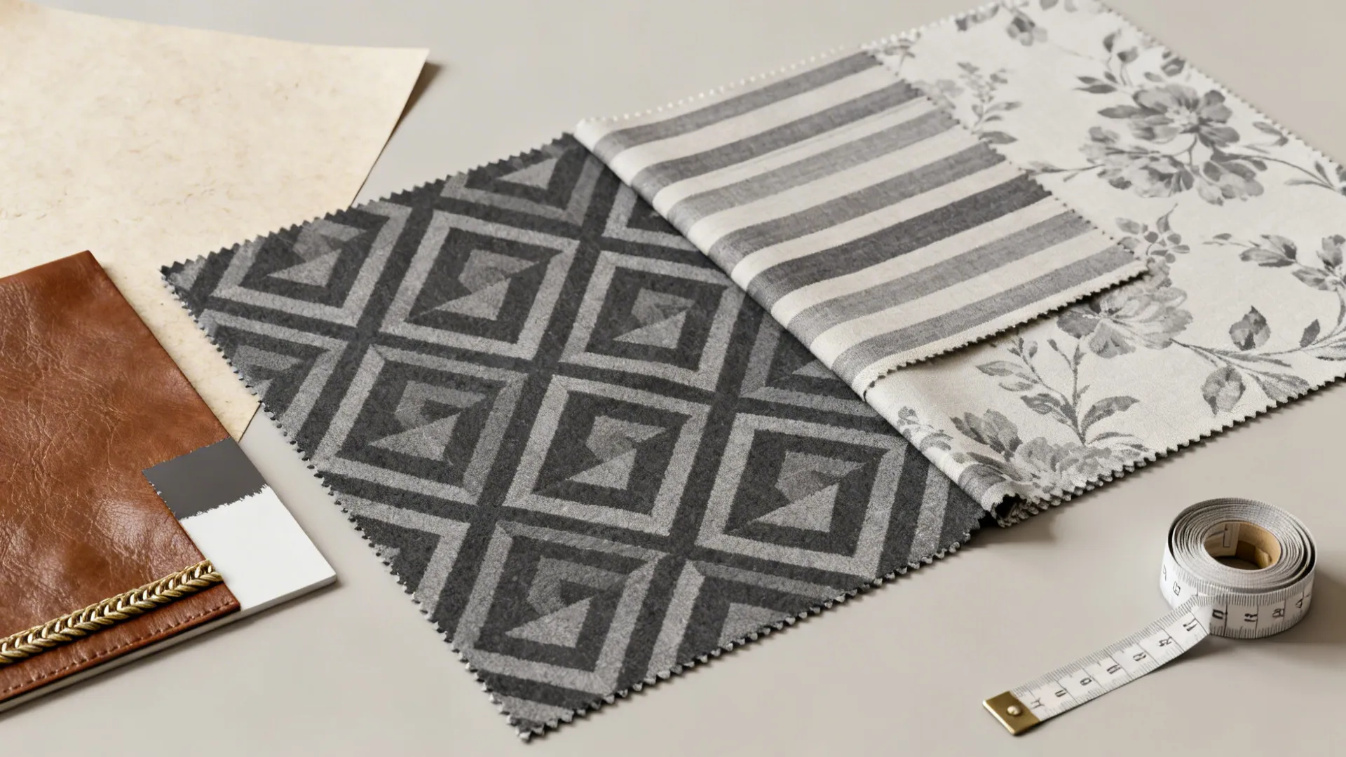 Fabric swatches of subtle patterns with a brown leather sample and trim chip