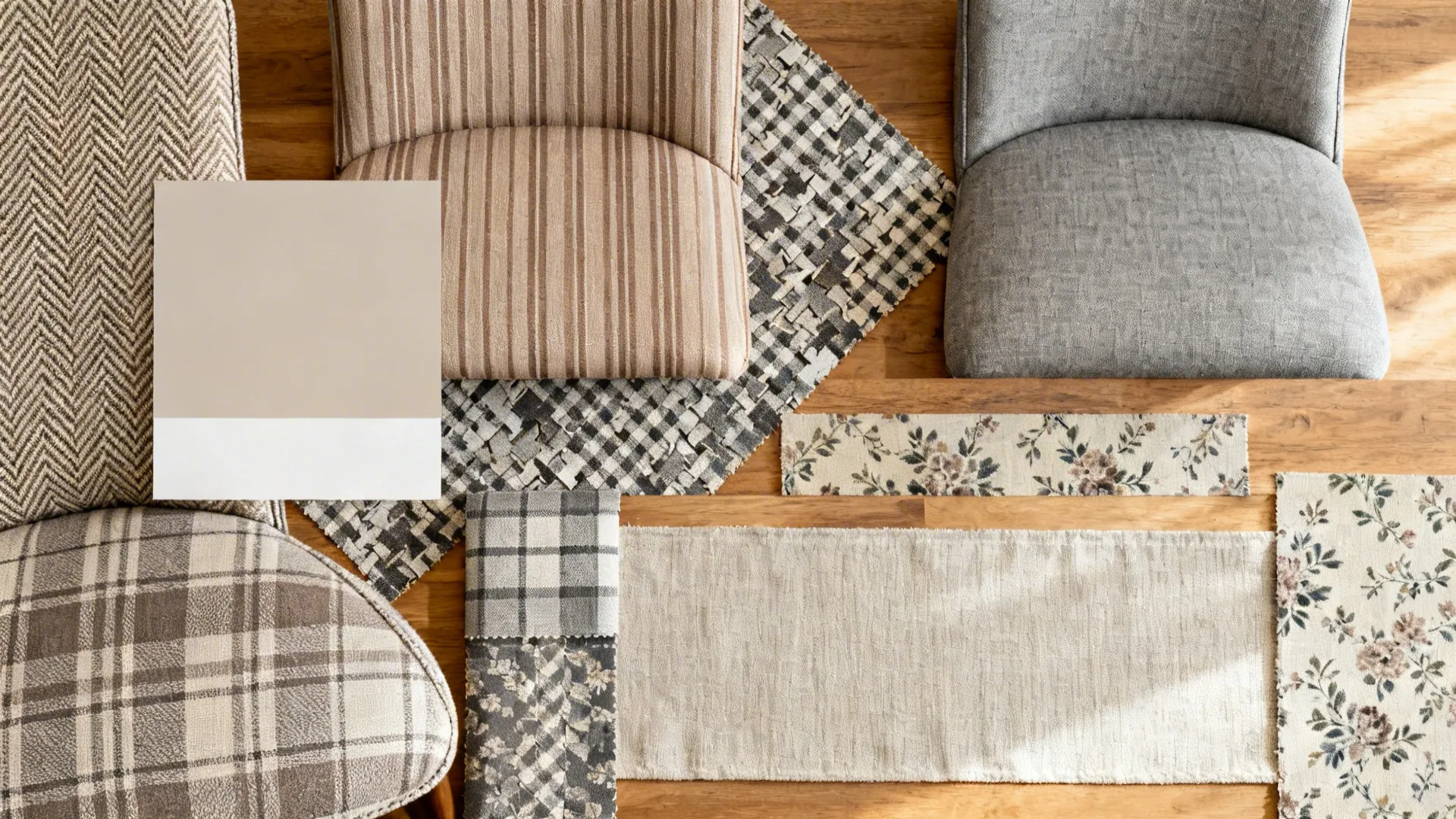 Flat lay of mid-scale patterned fabric swatches in taupe and gray on warm wood.