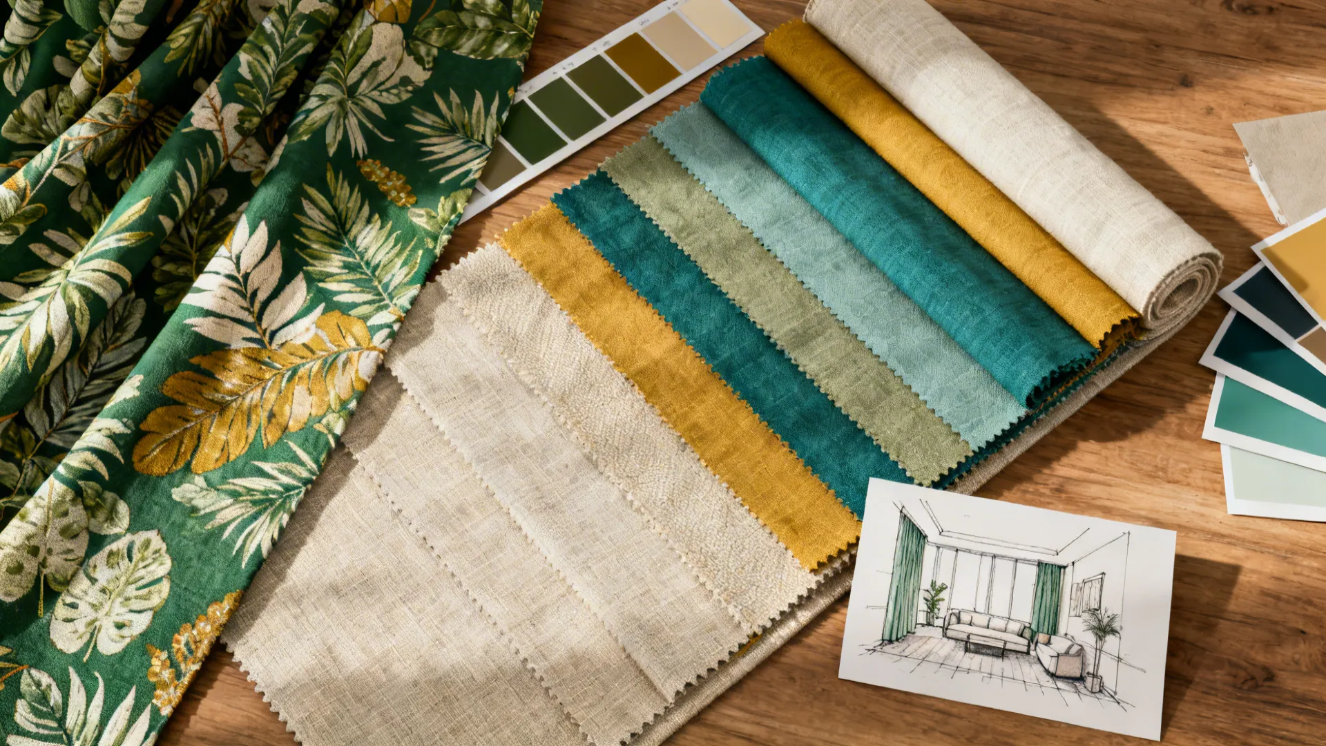 Green floral fabric and colorful textile swatches with color palette and room interior design drawing