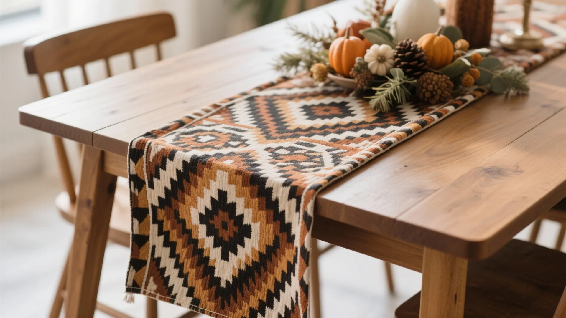 Bold patterned table runner on wooden dining table