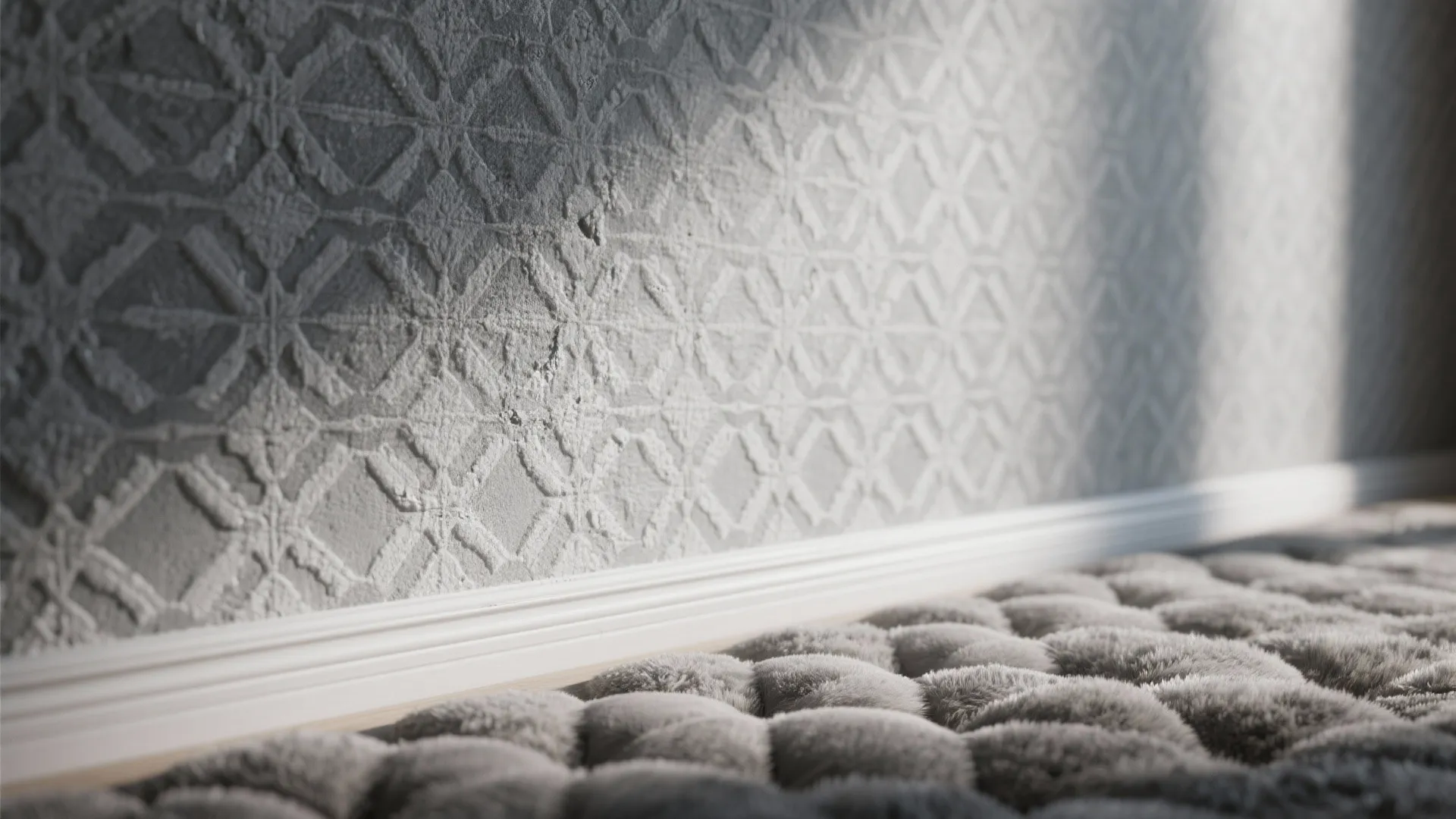 Close-up of gray patterned wallpaper, textured plaster, and geometric rug fibers showing material detail.