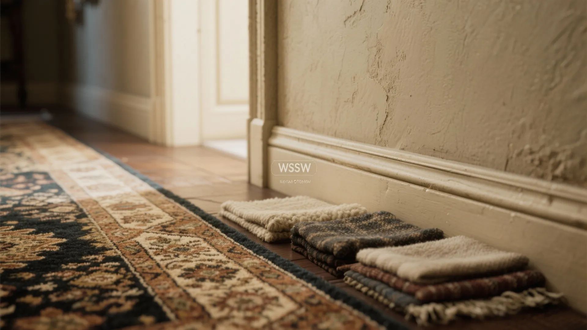 Folded fabric material samples and patterned rug on a wooden floor against a beige wall