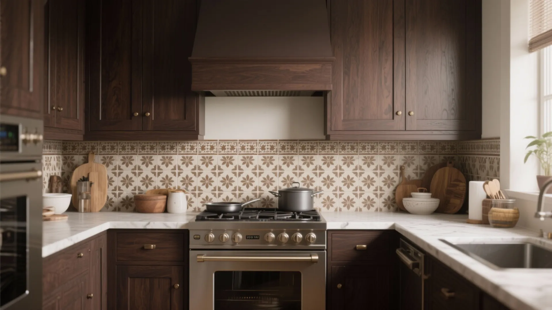 Traditional kitchen with dark wood cabinets pattern tile backsplash silver gas range and white marble countertops
