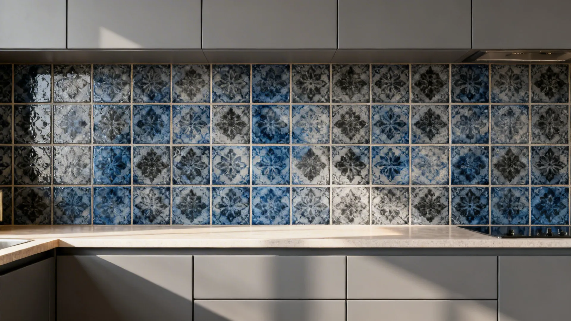 Mid-grey slab cabinets with a smoky blue and charcoal patterned tile backsplash.