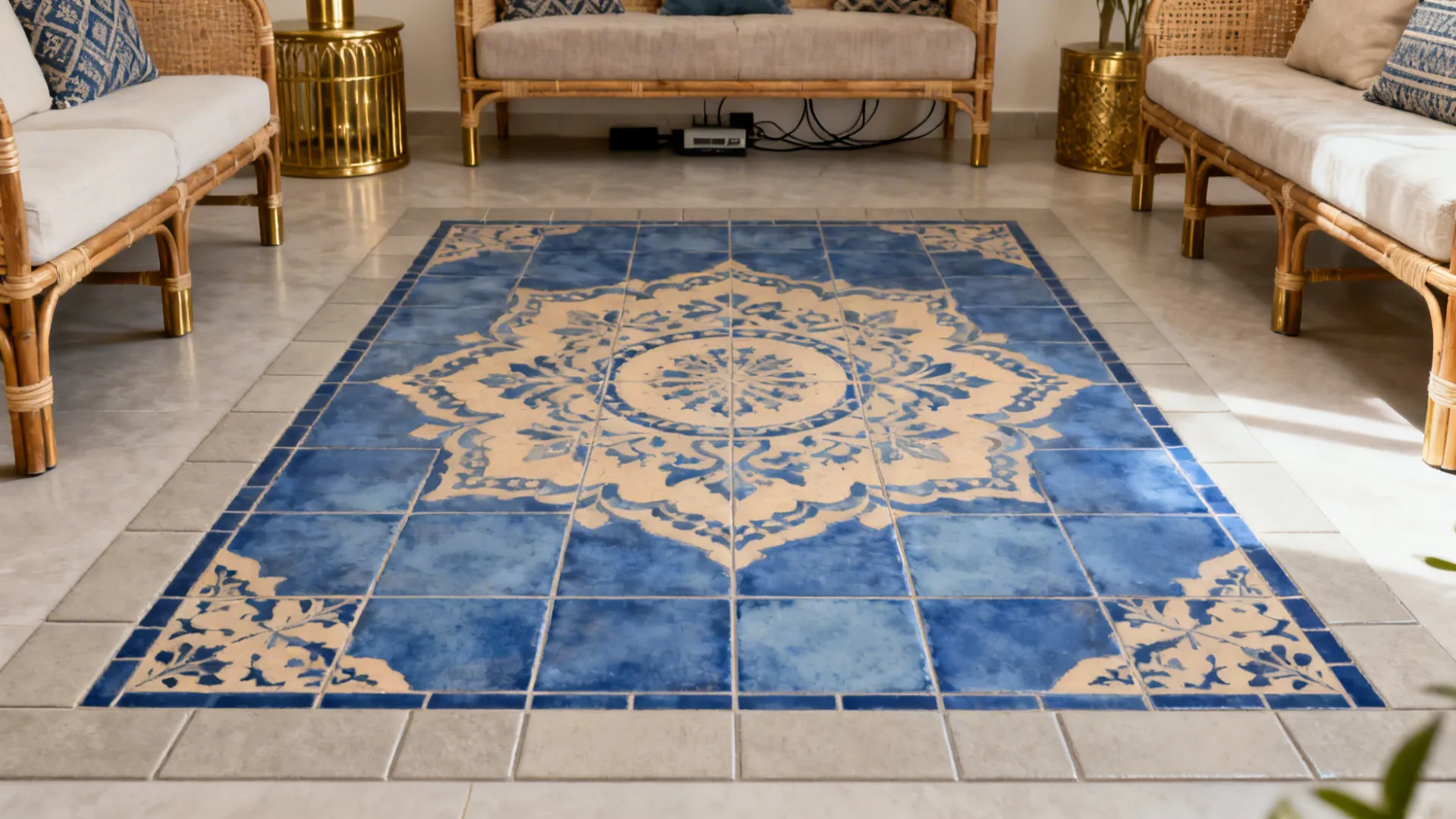 Living room with a blue-and-sand encaustic-style tile rug inset framed by neutral tiles.