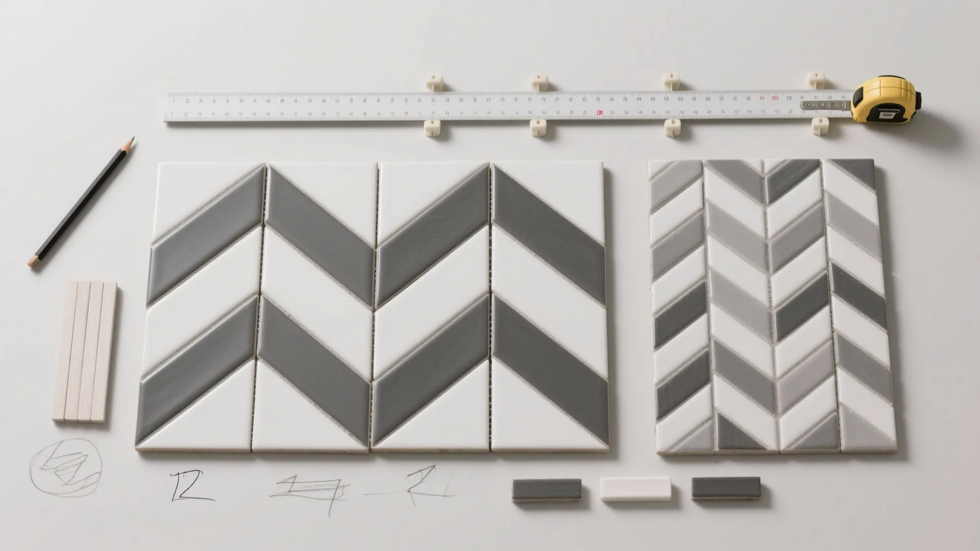 Grey and white chevron wall tiles displayed on table with pencil measuring tape and ruler