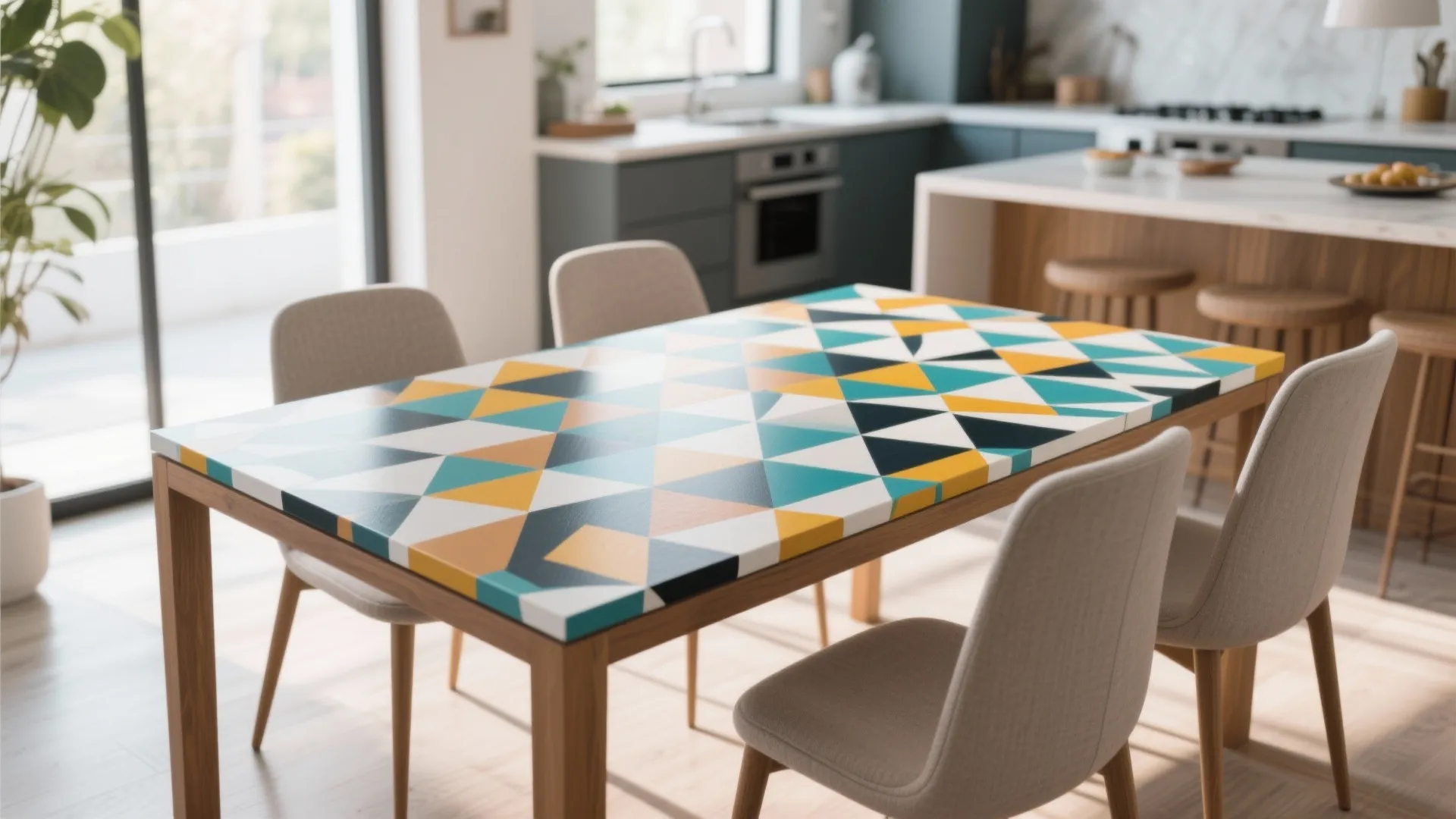 Geometric patterned tabletop with neutral chairs in modern dining space