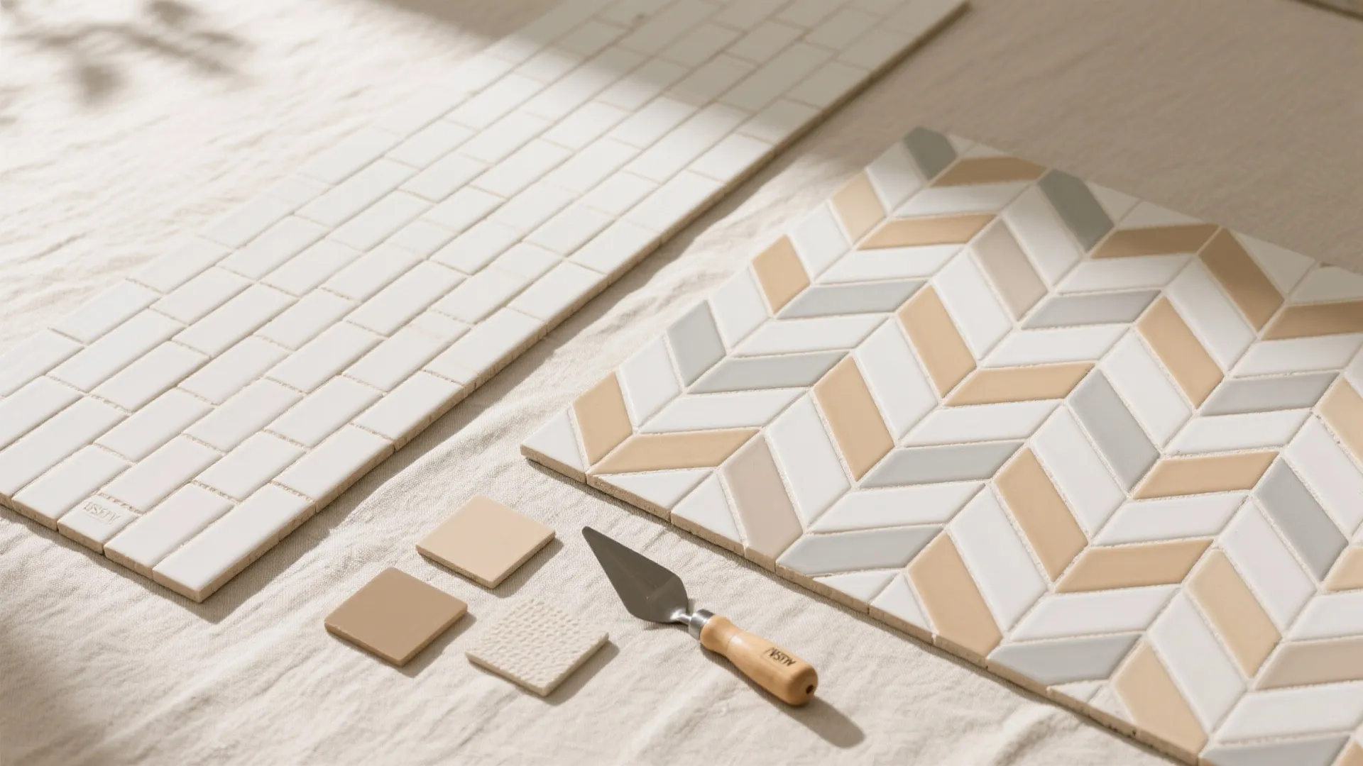 White subway tiles and chevron pattern tiles displayed on a beige fabric with a tool
