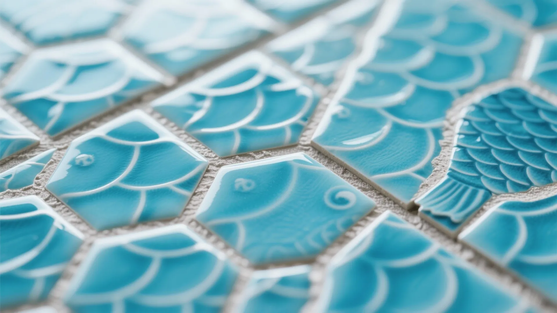 Close up view of bright blue hexagon tiles with white fish scale patterns and details