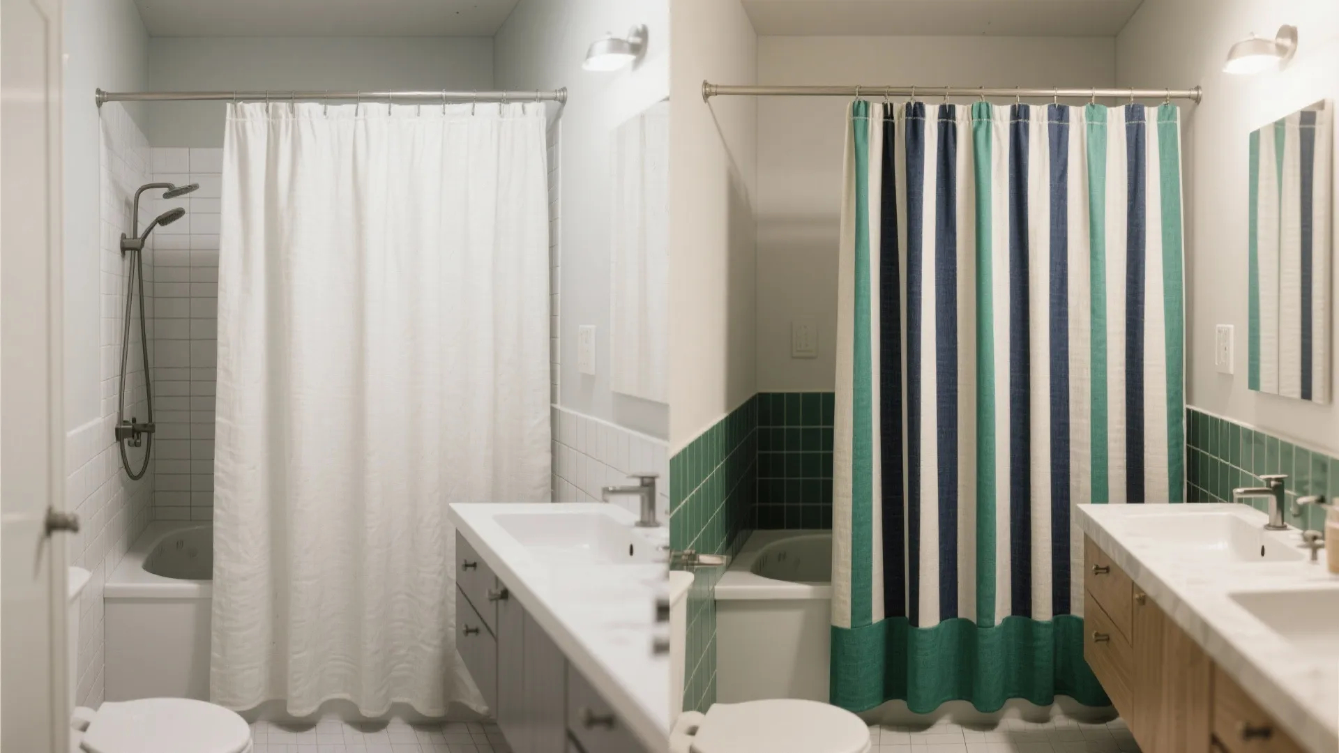 Before and after comparison of bathroom curtain change from plain white to striped blue green pattern