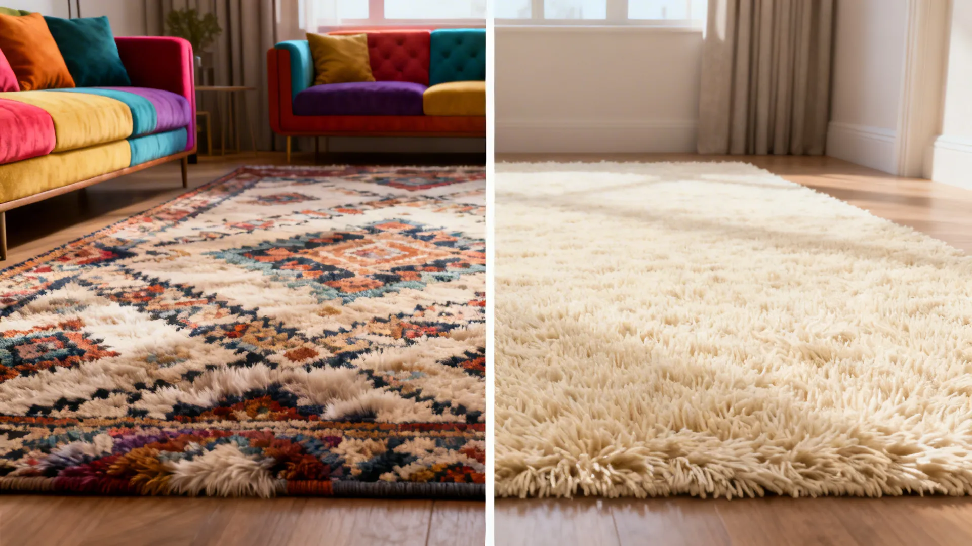 Side-by-side comparison of patterned vs neutral plush rugs anchoring the same living room.