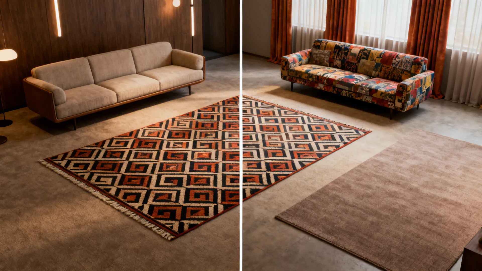 Two living areas showing a bold patterned rug as a focal point and a neutral rug calming a busy space
