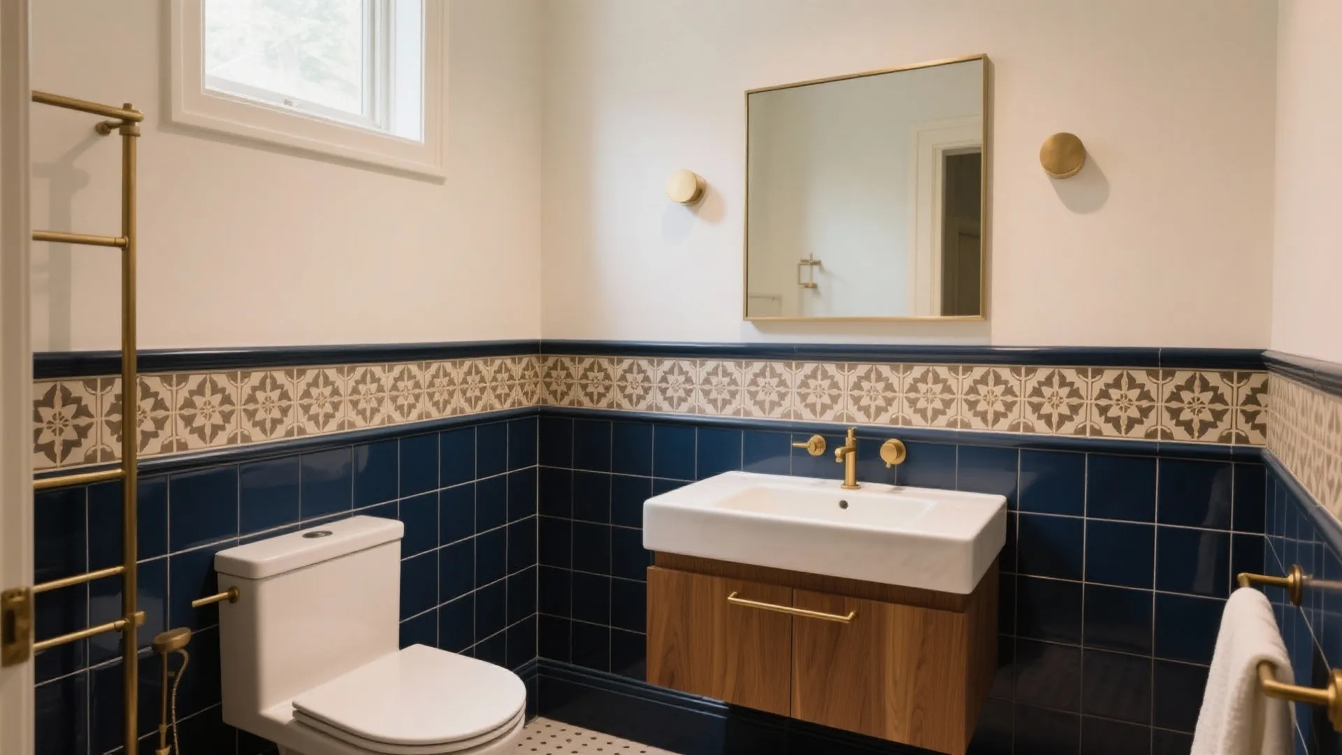 4) Patterned Encaustic-look Wainscot + Paint Above