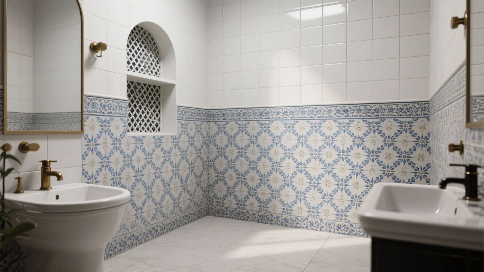 White tiles on upper wall with blue patterned lower wall panel in a bright bathroom