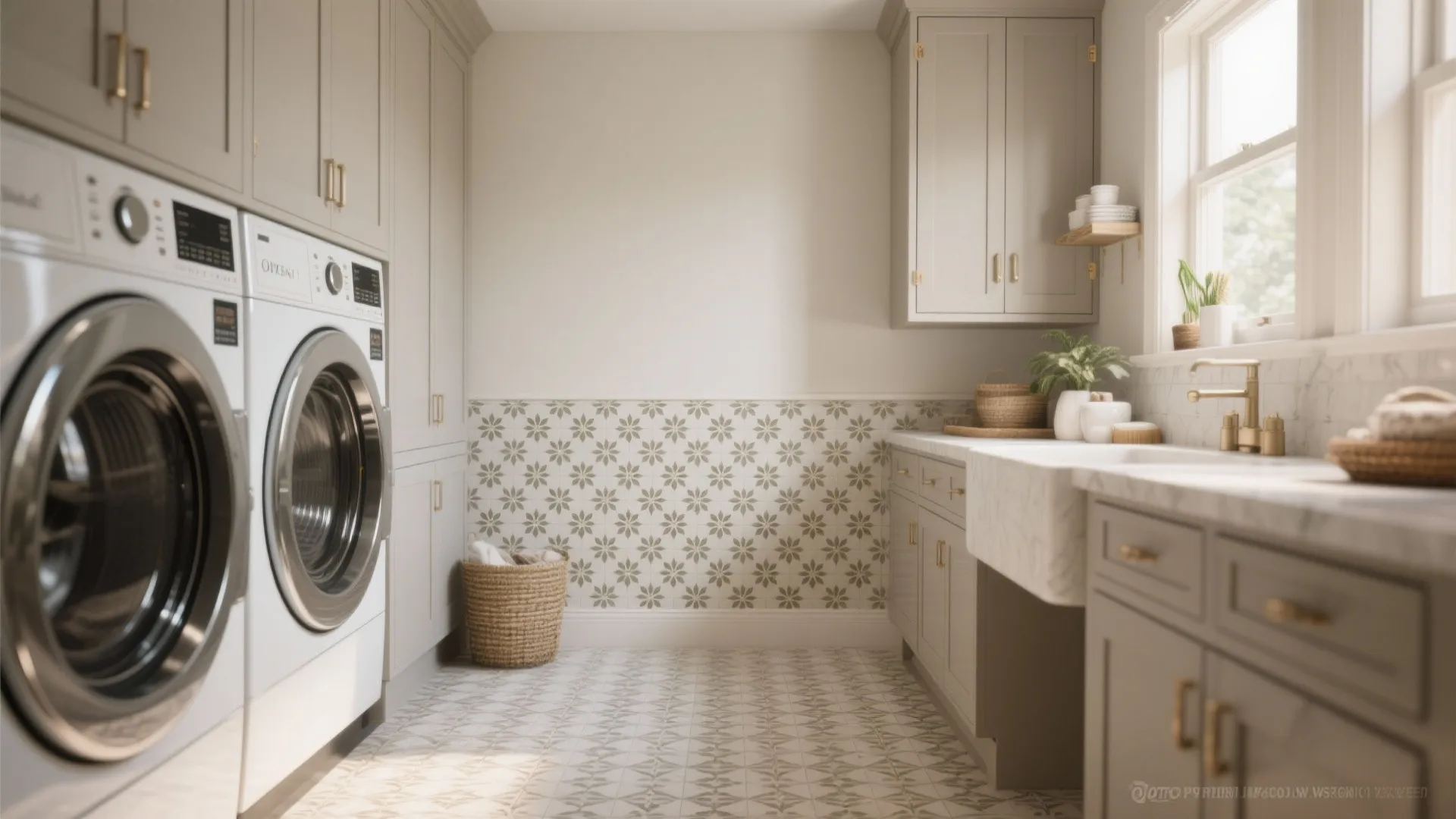 Modern laundry room featuring grey cabinets white washing machines patterned wall tiles and large bright window
