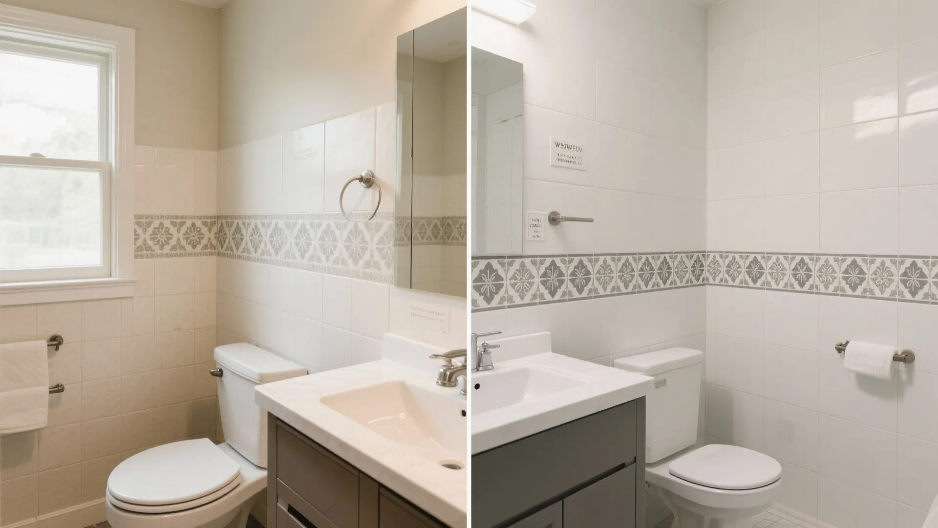 Before and after comparison of bathroom renovation showing white wall tiles with grey patterned border trim