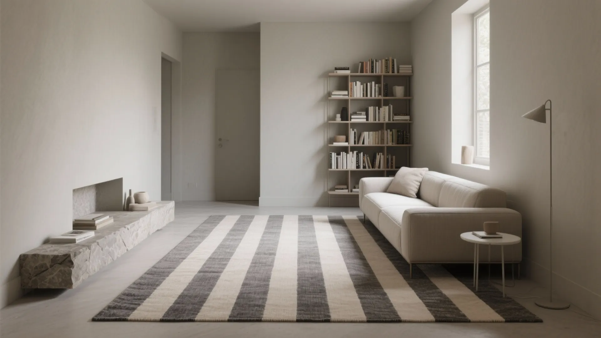 Minimalist living room design with striped rug white sofa tall bookshelf and a floor lamp