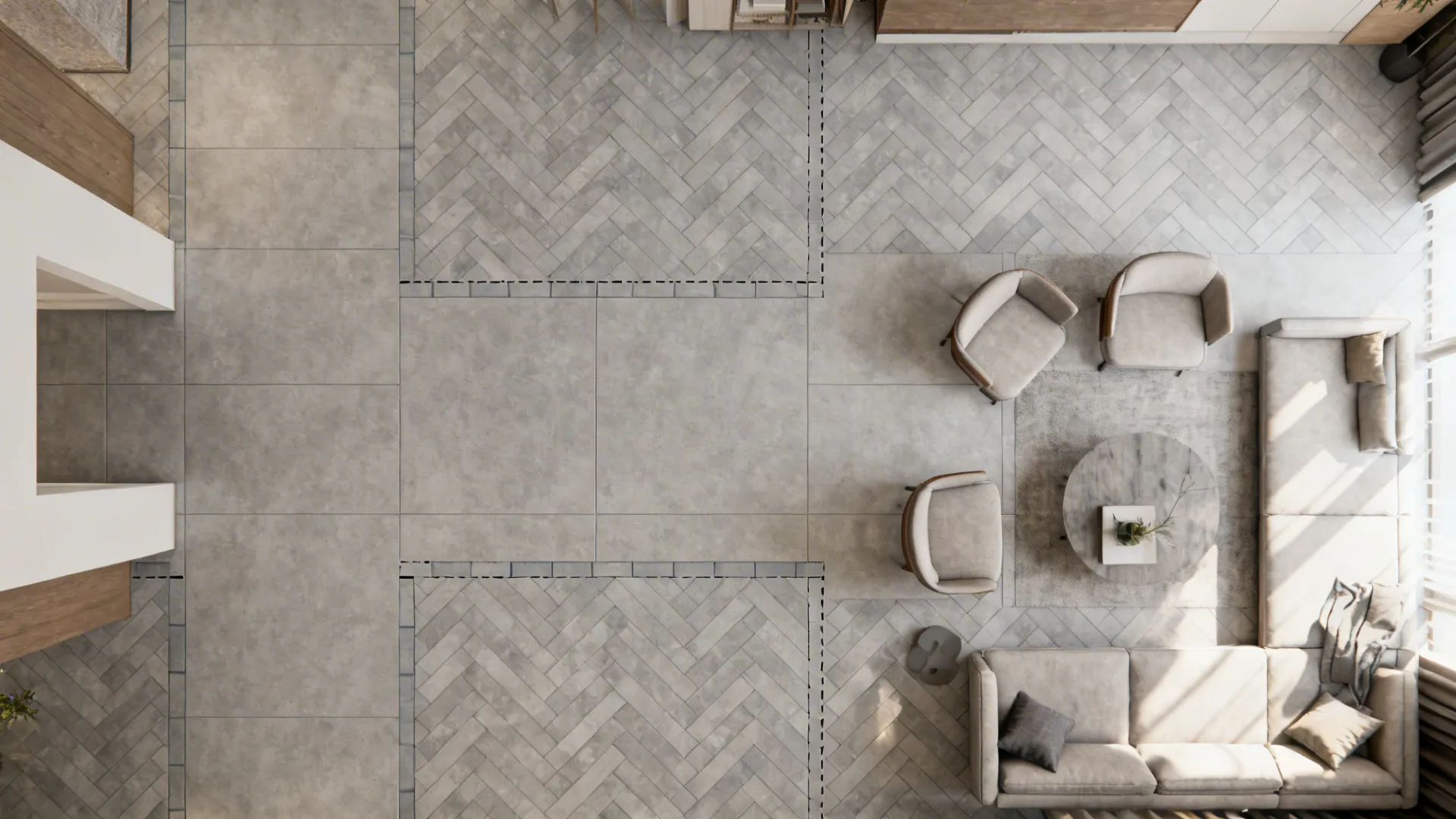 Top-down view mapping a herringbone tile layout across living room zones.