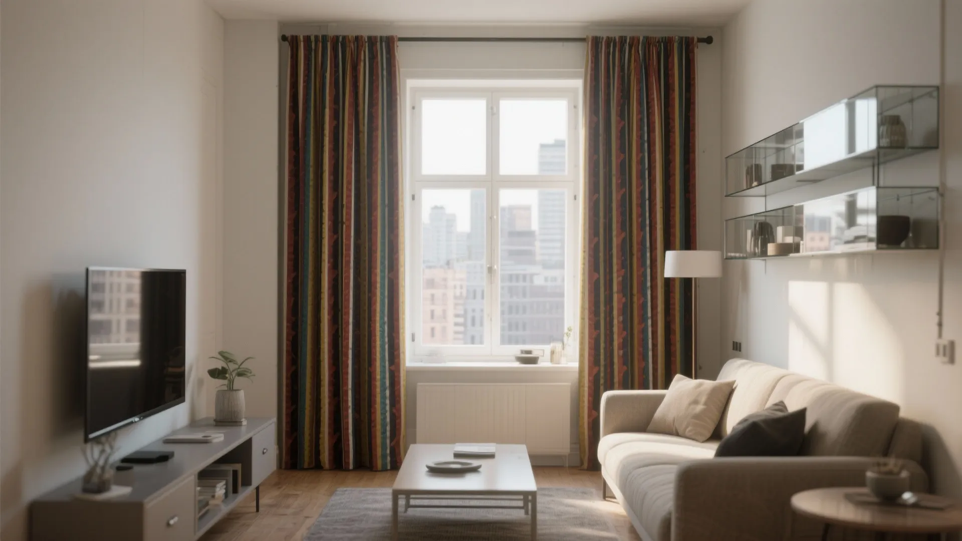 Modern living room featuring colorful striped curtain panels and a grey sofa with city views