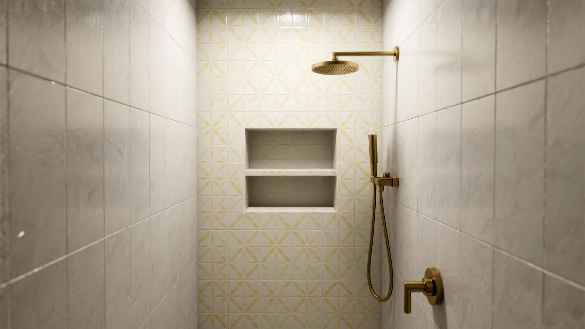 Modern shower with yellow patterned wall tiles gold fixtures and a small wall storage shelf