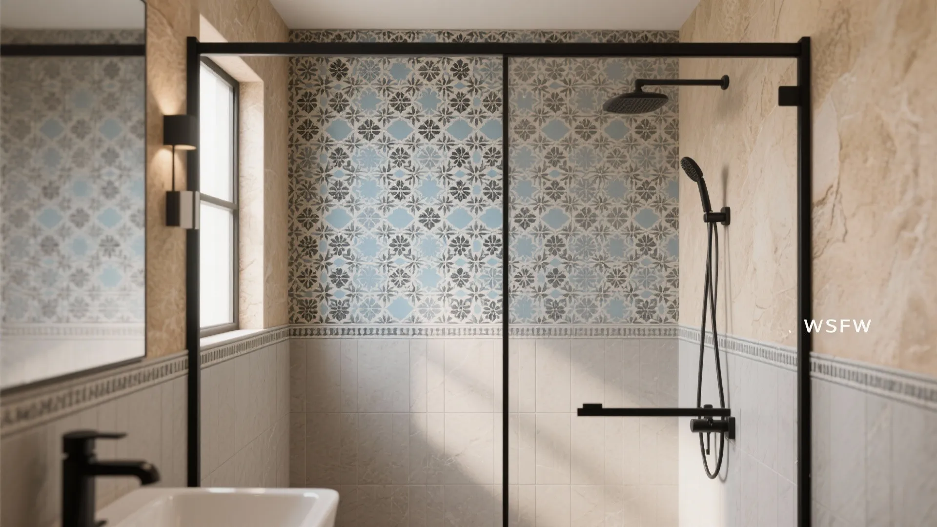 Bathroom shower area featuring blue patterned wall tiles black metal frame glass door and window
