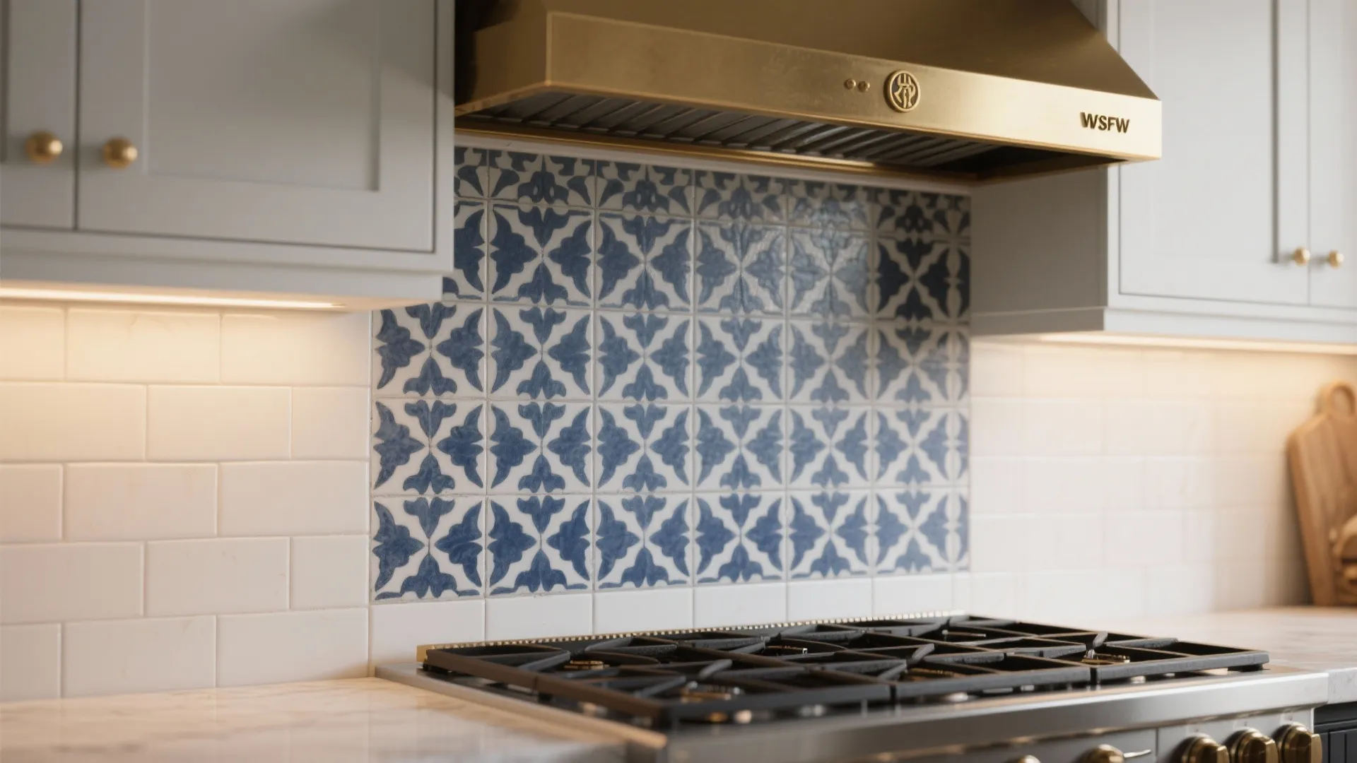 Navy-and-white patterned tile band behind a range framed by matte white tiles and brass accents.