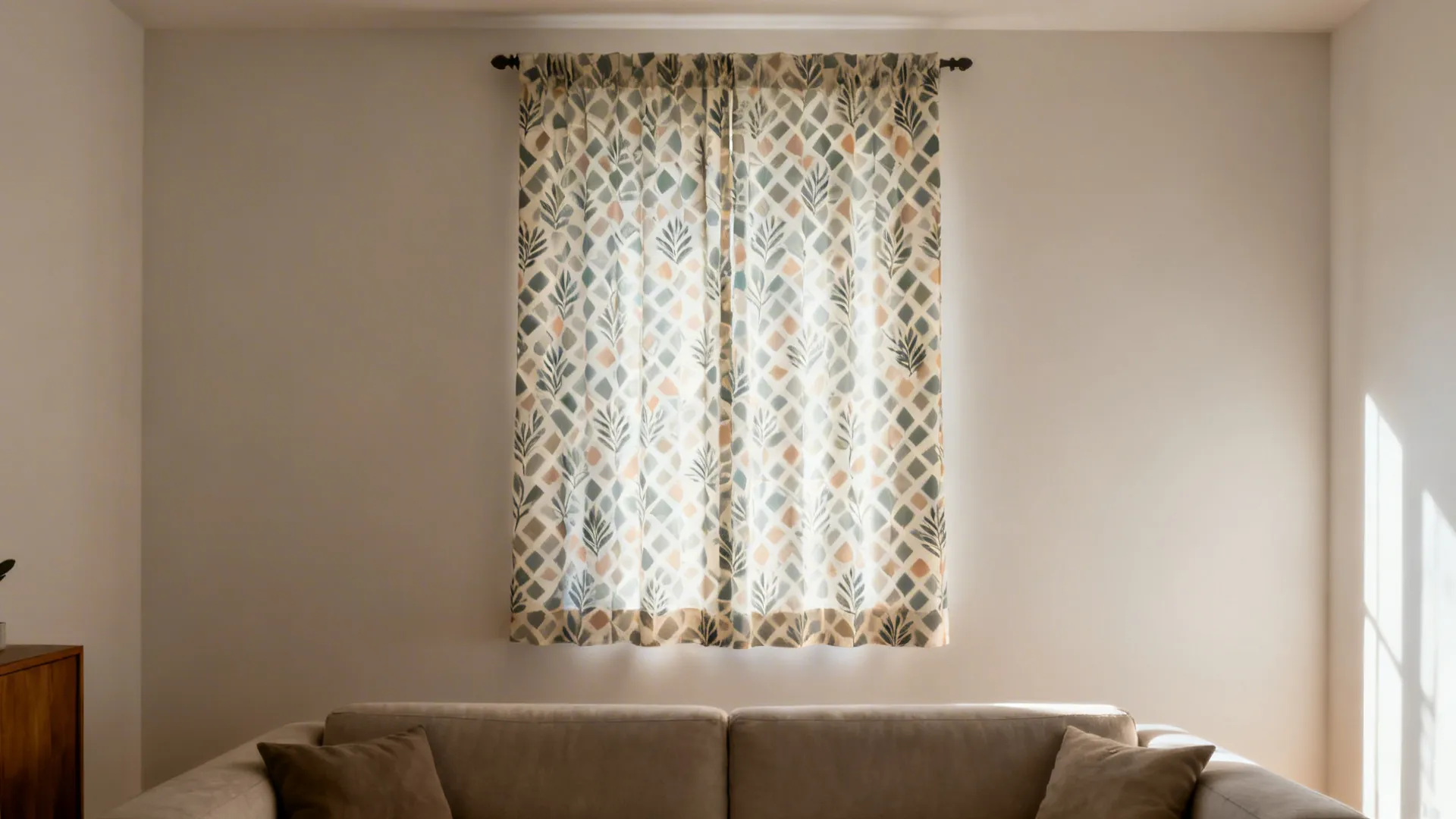 Accent curtain with subtle botanical geometric pattern used as focal artwork in a living room