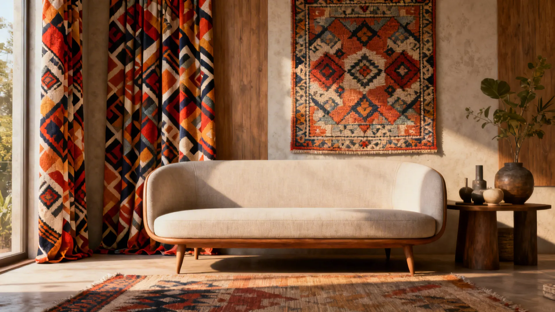 Bright living room featuring beige sofa patterned curtains wall hanging wooden side table and rug