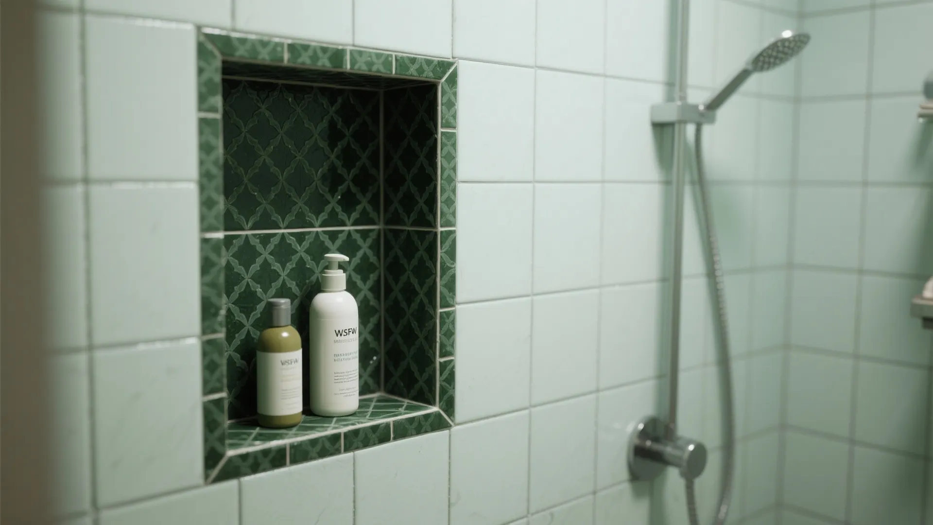 Green patterned shower wall shelf holding two white soap bottles in a light green bathroom