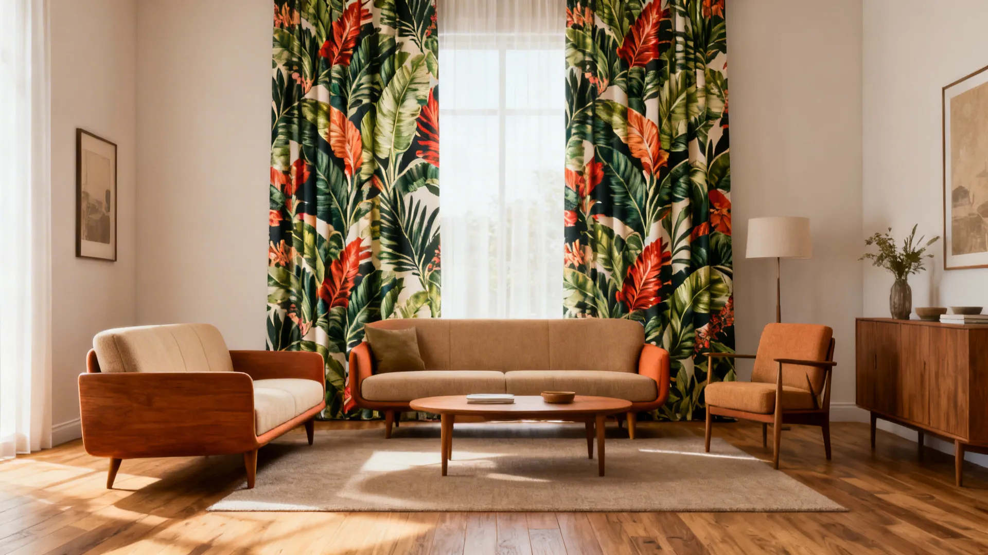 Mid-century living room anchored by a large botanical patterned curtain panel as a focal artwork.