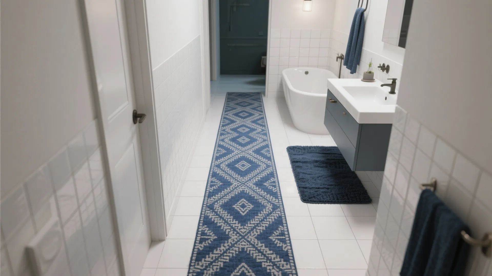 Blue patterned floor rug in white bathroom with bathtub sink blue cabinet and wall tiles