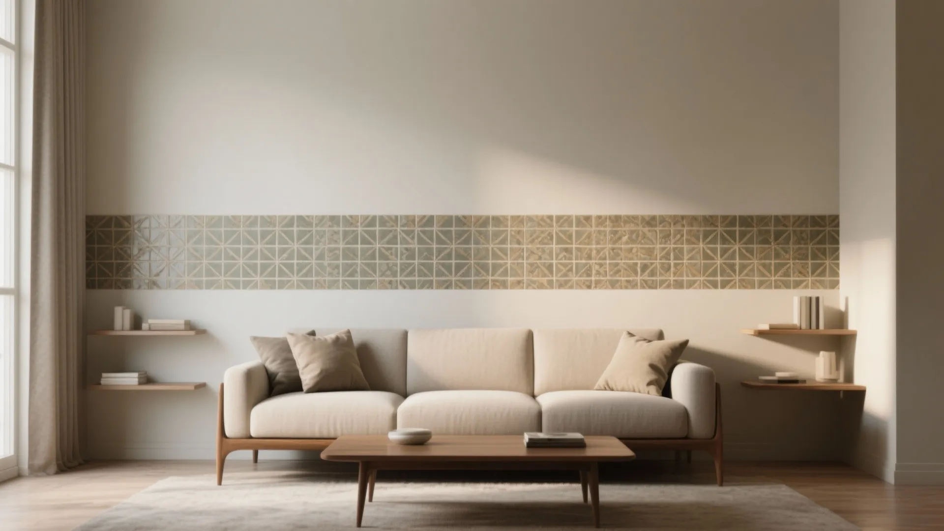 3. Patterned Accent Strip Behind the Sofa