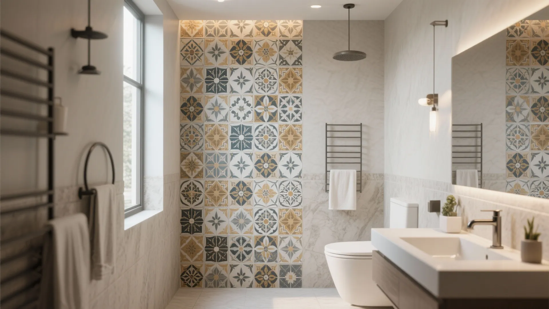 Bright bathroom with a decorative patterned tile wall next to a white toilet and sink