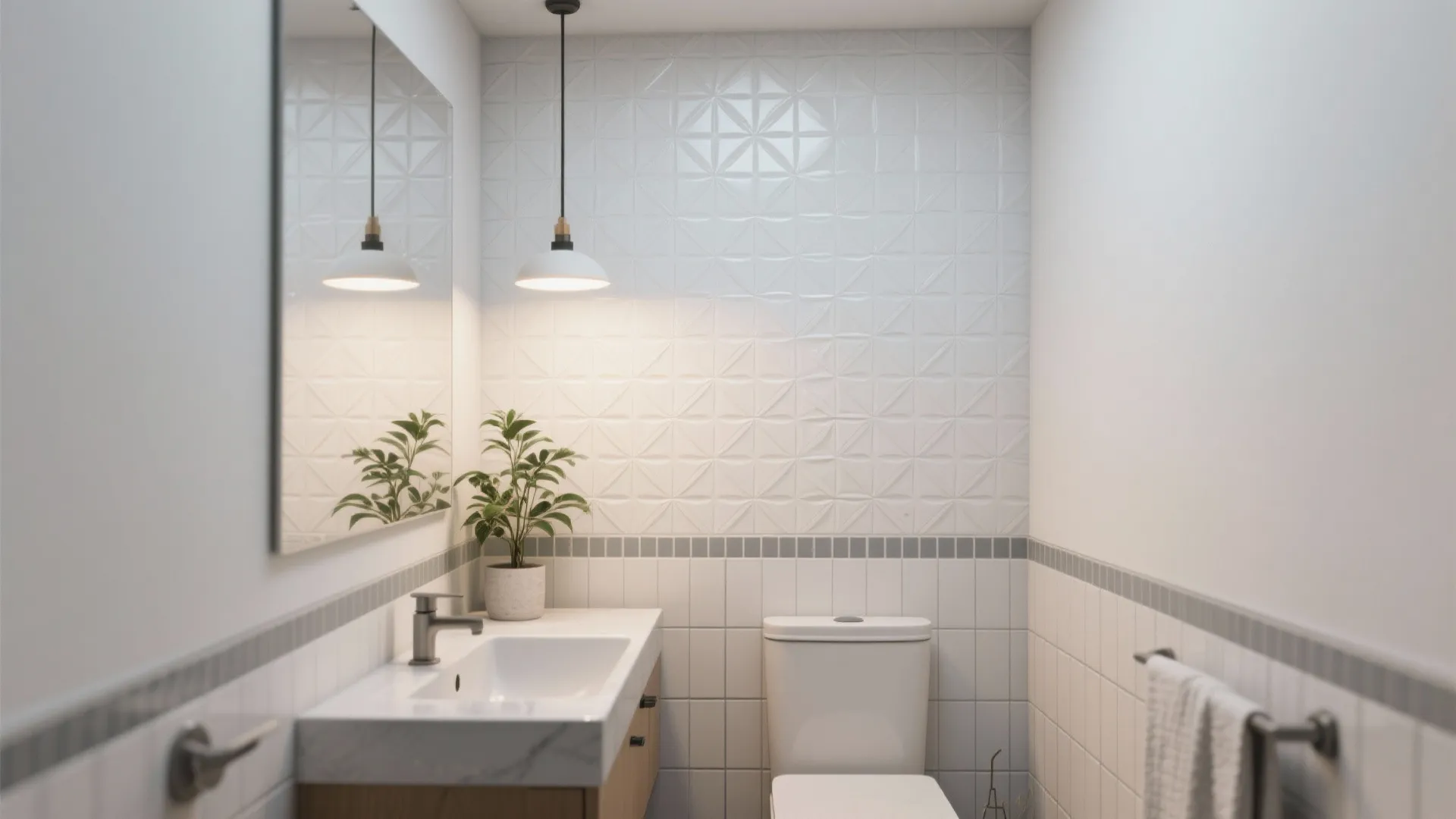 Bathroom interior with white patterned wall tiles sink vanity ceiling lights and a small plant