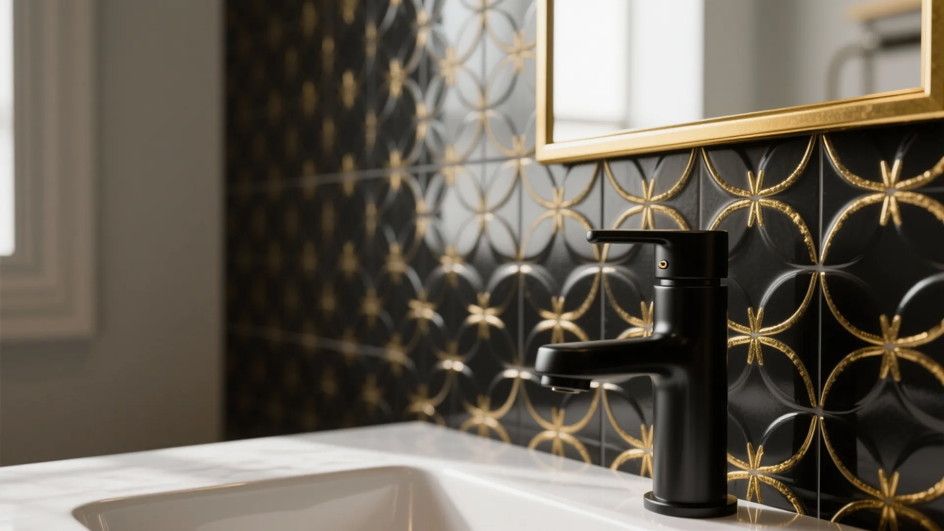 Close up of black water tap on white sink against black and gold patterned tiles