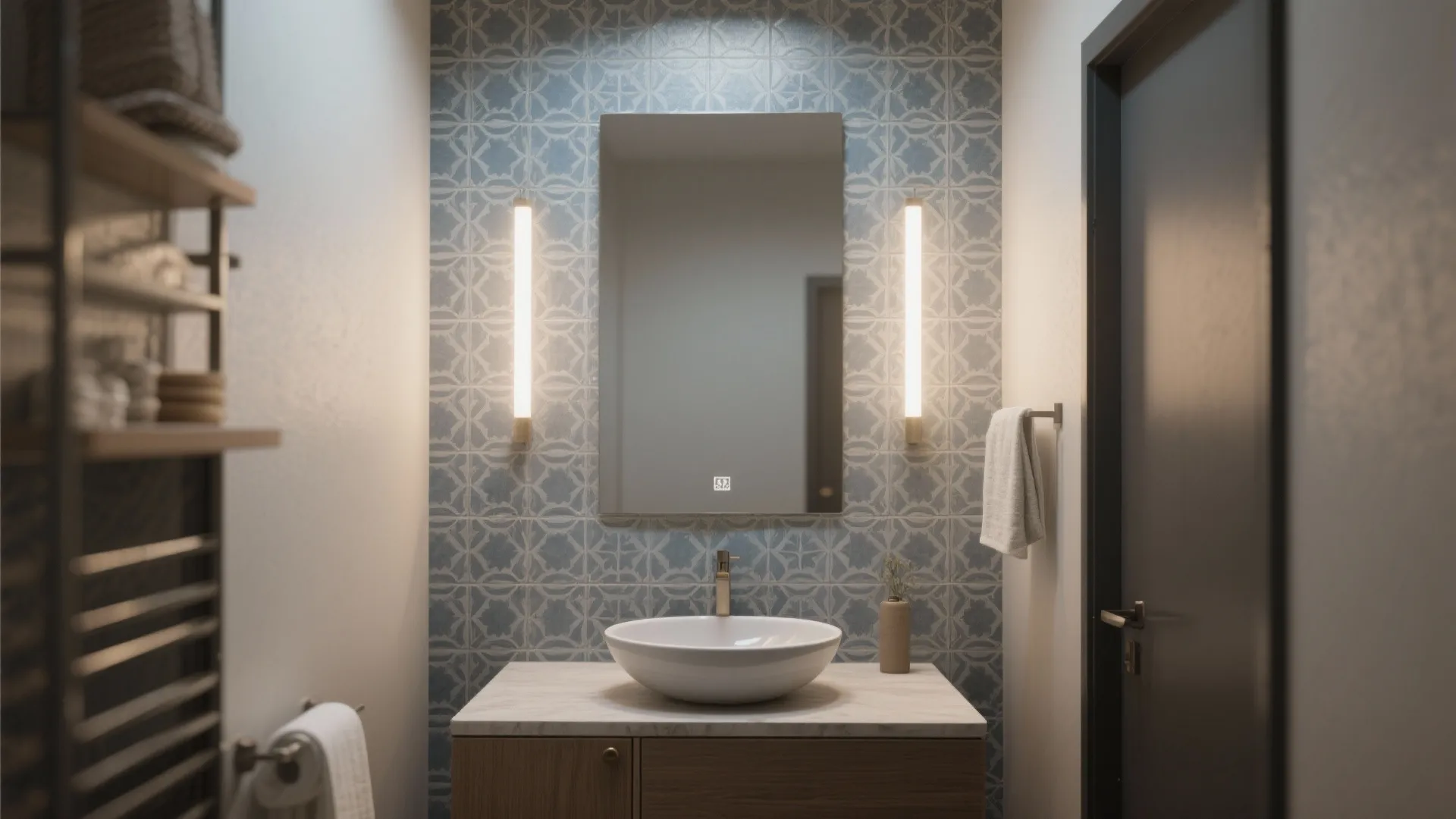 Accent wall with patterned gray-blue tiles behind a vanity creating a stylish focal point