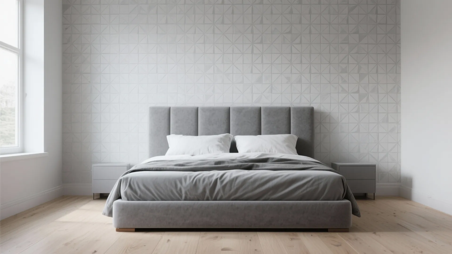 Bedroom with subtle geometric grey wallpaper accent wall behind headboard
