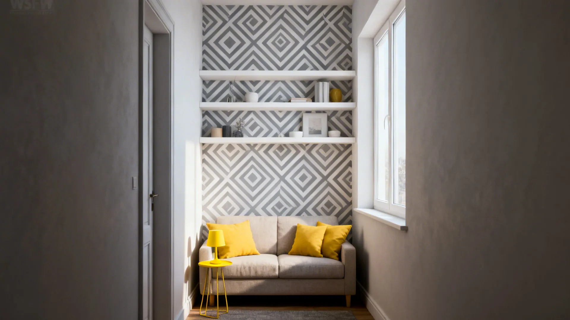 Interior design drawing of small room with patterned wall white shelves and gray sofa layout